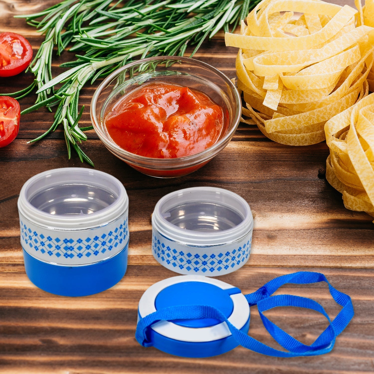 Blue 3-layer insulated tiffin set. Blue 3-layer insulated tiffin set.
